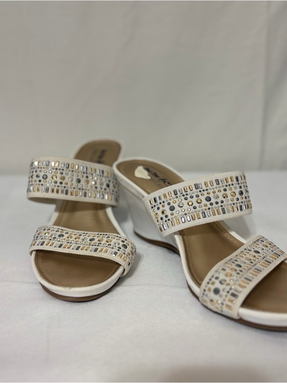 Coach and Four Women's Vander Studded Wedge Slide Sandals featuring rhinestones